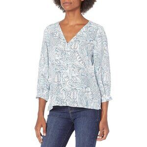 Parker Medium Silk 3/4 Sleeve Beverly Blouse Botanical Dots Floral Blue White